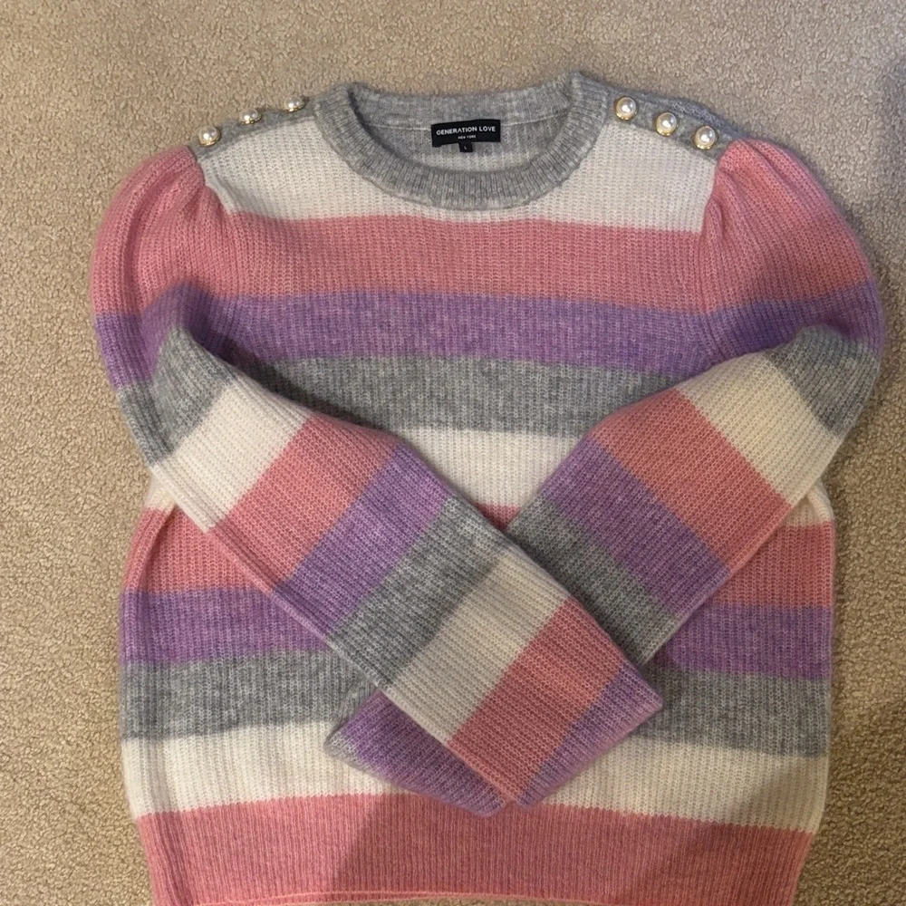 Generation Love Pink and Gray Striped Sweater with Pearl Accents - Picture 1 of 3